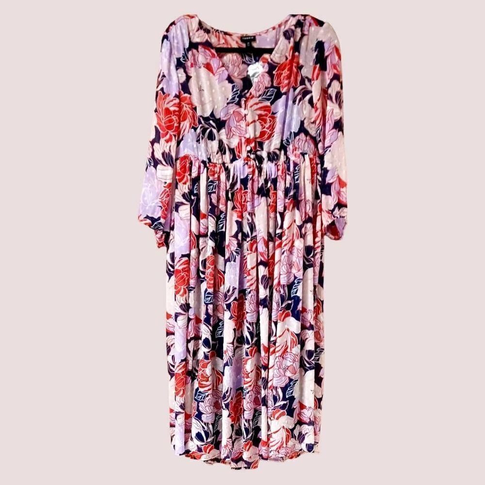 TORRID NEW Navy Floral Swiss Dot Button down Tea- Length Dress. - Picture 3 of 16